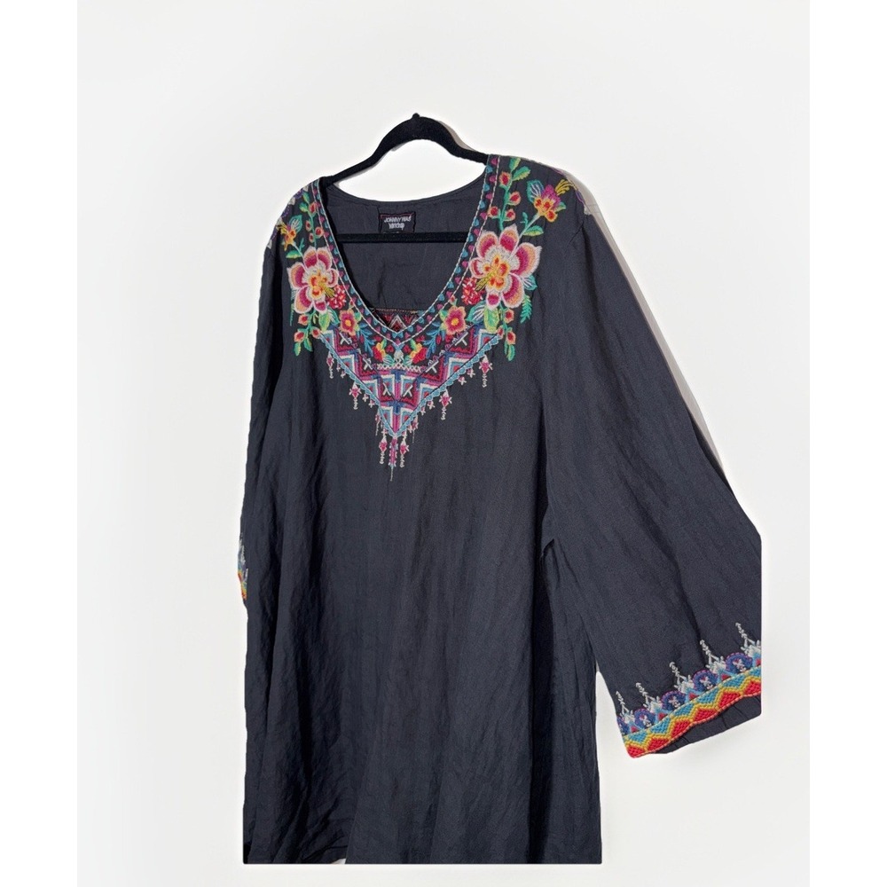 Johnny Was Workshop Embroidered VNeck Tunic Dress Size 3X Black Bell 3/4 Sleeves